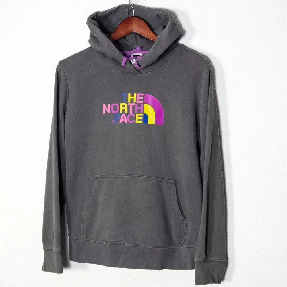 The North Face Gray Fleece Hoodie Rainbow Logo Size L Athleisure Outdoors - Picture 1 of 9